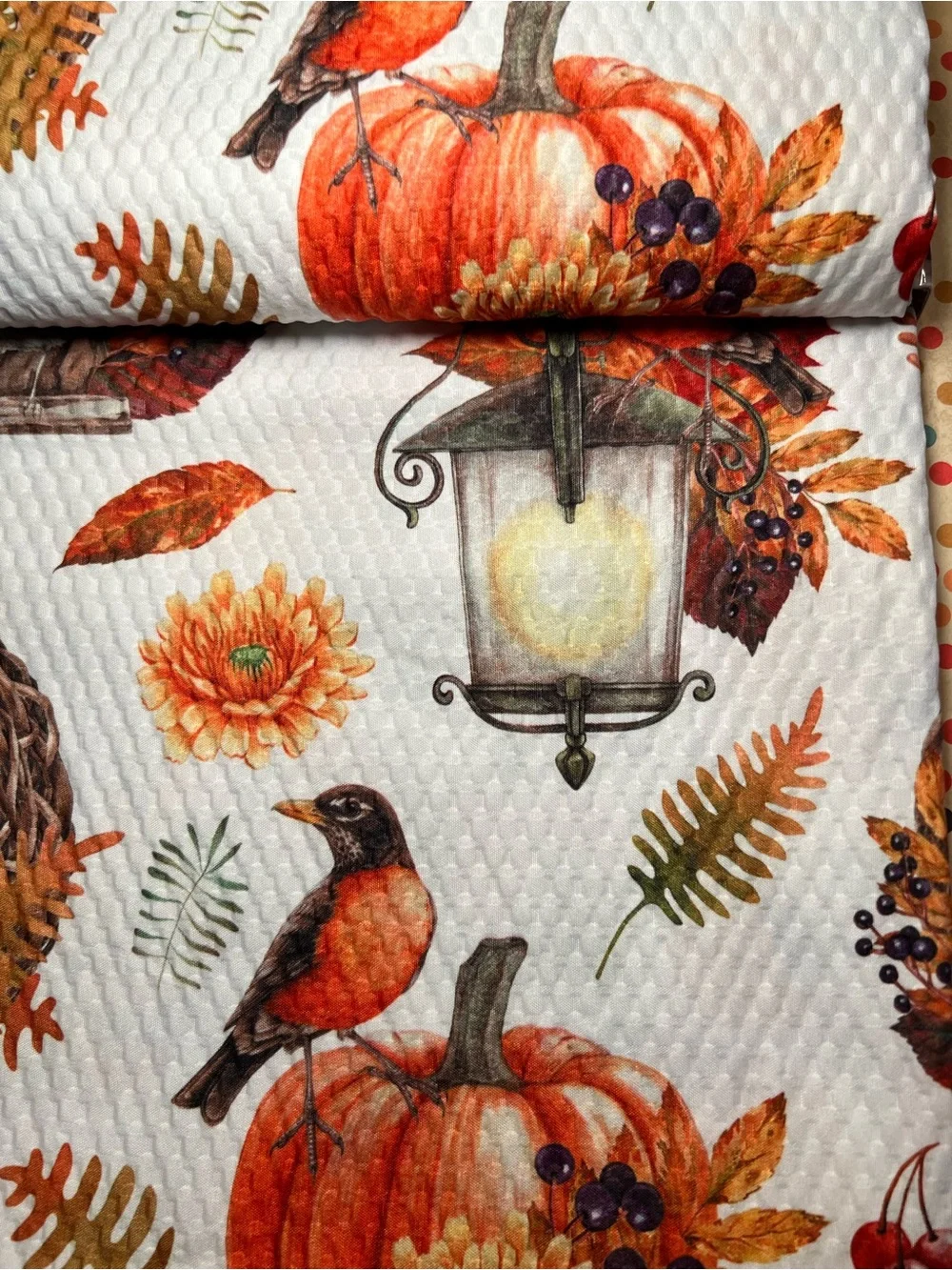 Autumn Birdhouse Textured Fabric Shower Curtain Birds Pumpkins Leaves Wreath